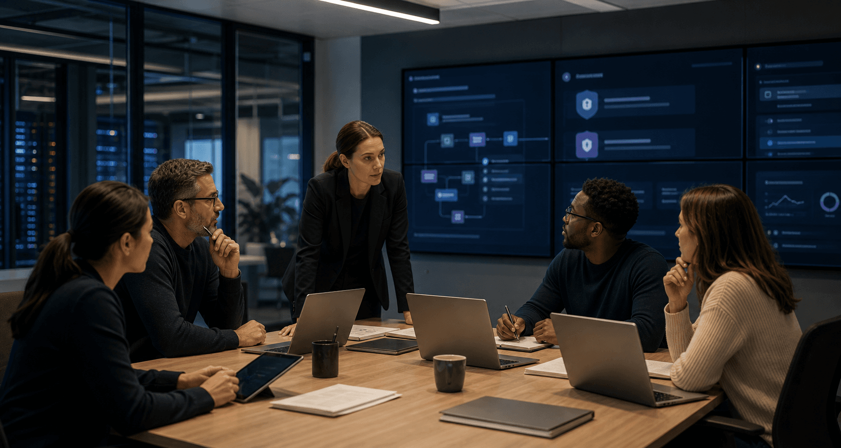 Enterprise team reviewing permission and oversight controls for AI workflows in a meeting room.