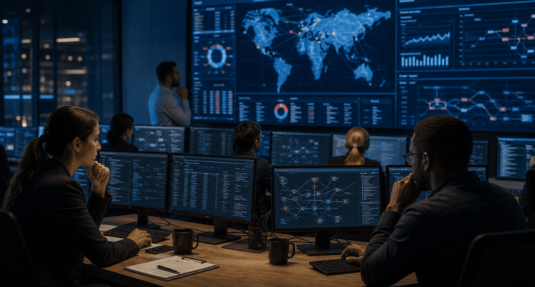 Security operations center with analysts reviewing AI-assisted cybersecurity dashboards.
